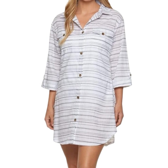 Dotti Other - NWT Dotti Baja White Gray Striped Cotton Button Up Dress Swim Cover-up Sz Small